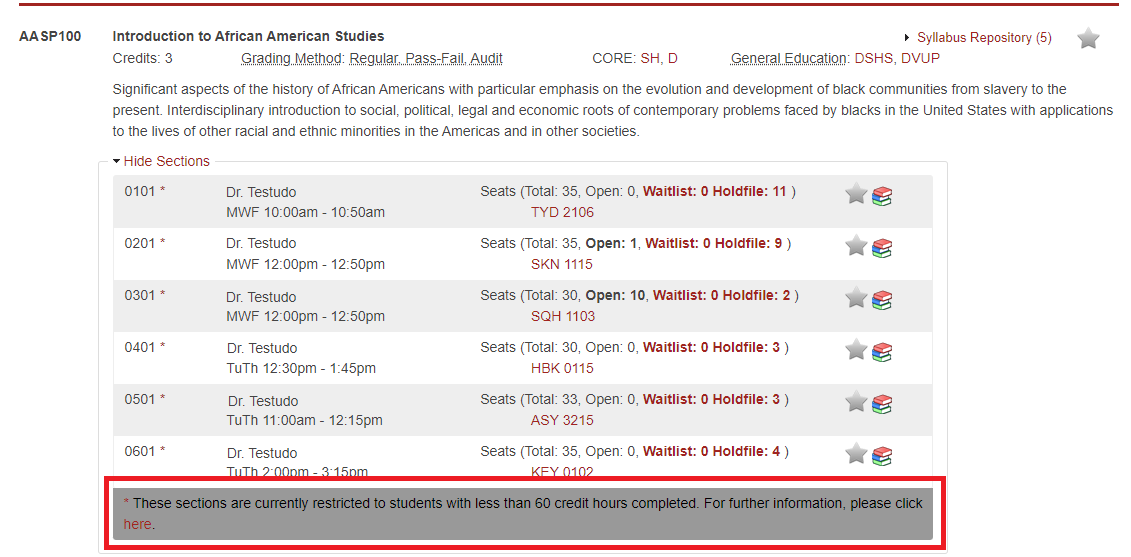 schedule of classes screenshot AASP100